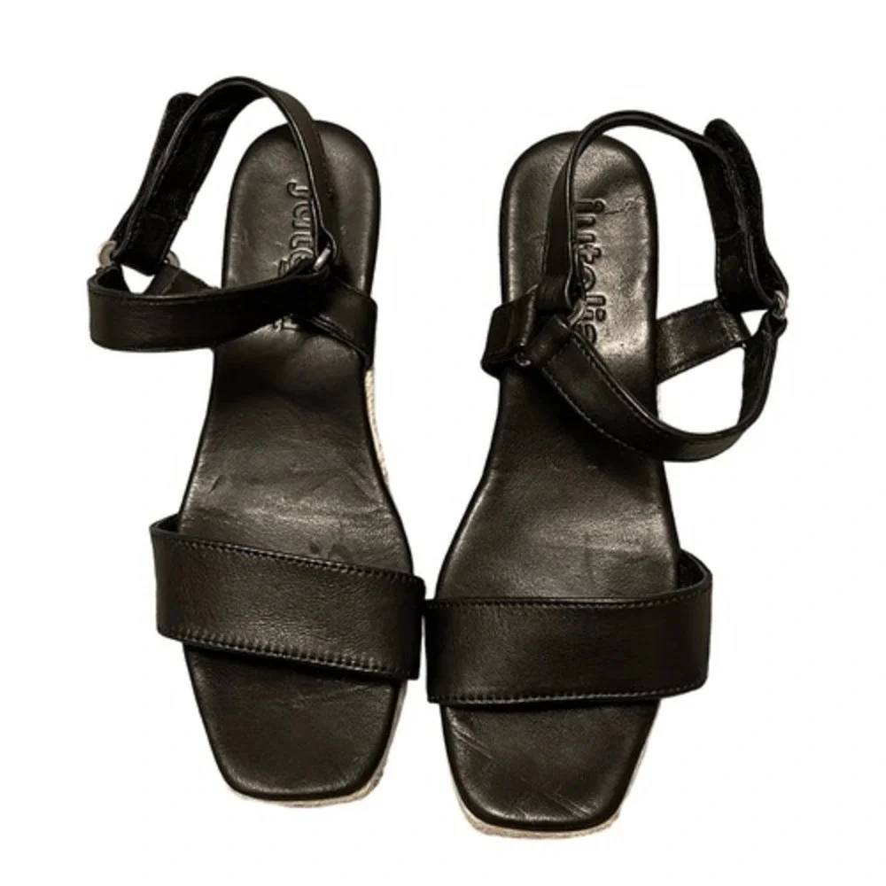 Jutelia Espadrille Wedge Sandals Womens 38 Black Leather Spain Boho Summer‎ Chic